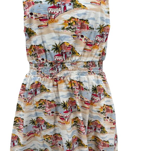 Boden Smocked Waist Mini Dress Paradise Bay Beach Print White Size US 12R - Picture 5 of 13